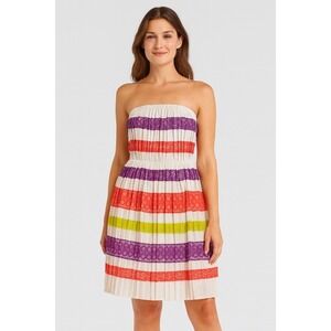 BCBGMAXAZRIA Strapless Pleated Striped Lace Trim Dress XS